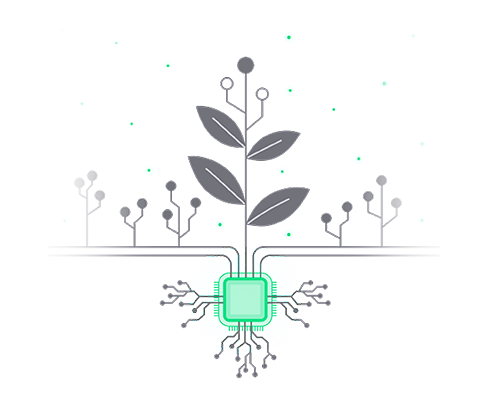 Imagen de varias plantas conectadas a un chip electrónico haciendo de raíz.